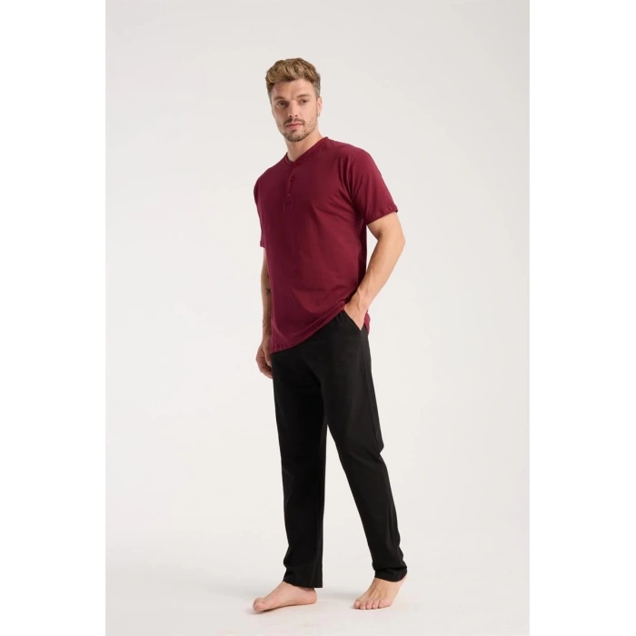 Erkek Bordo Düğmeli Yaka Kısa Kol Pijama Takımı