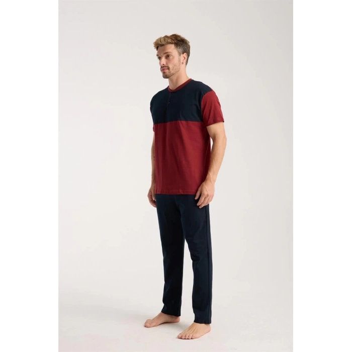 Erkek Bordo Düğmeli Yaka Kısa Kol Pijama Takımı