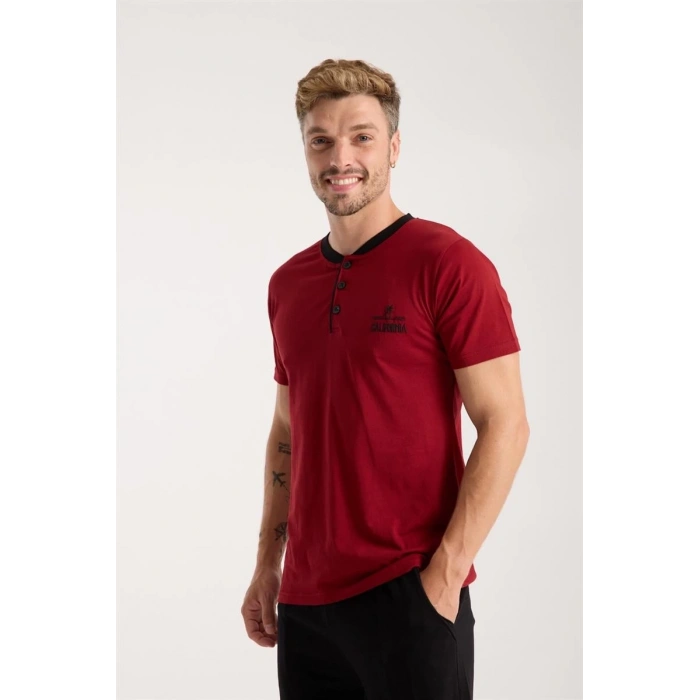 Erkek Bordo Düğmeli Yaka Kısa Kol Pijama Takımı