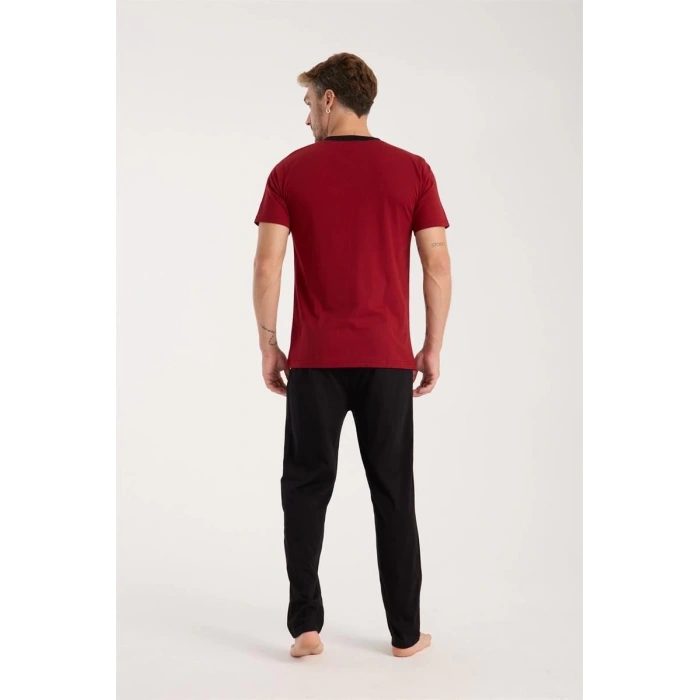 Erkek Bordo Düğmeli Yaka Kısa Kol Pijama Takımı