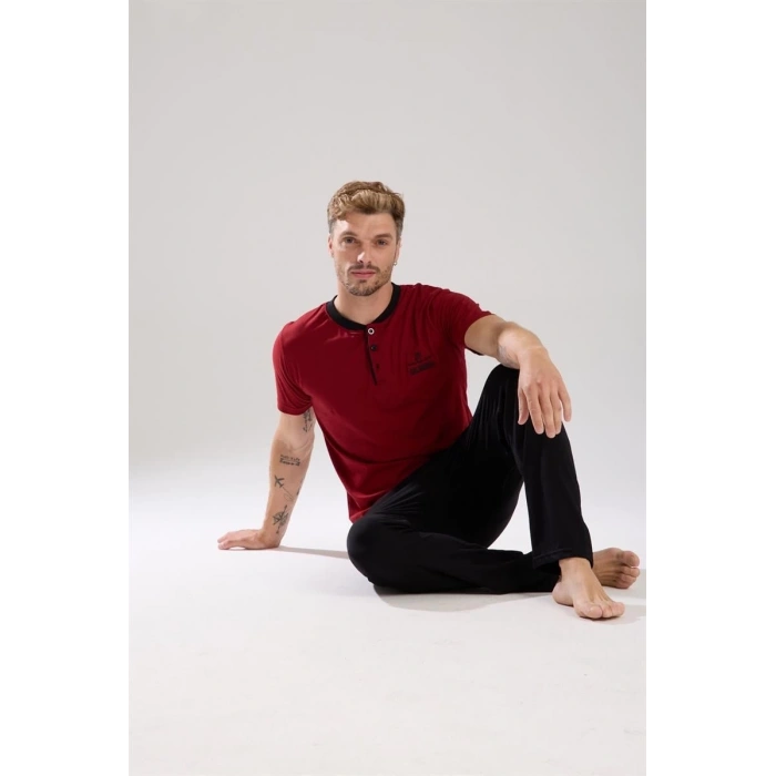 Erkek Bordo Düğmeli Yaka Kısa Kol Pijama Takımı