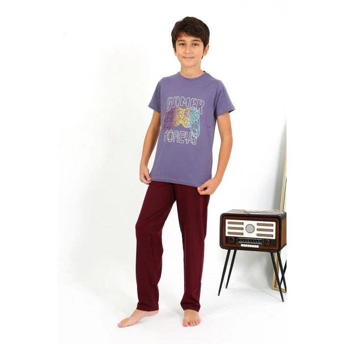 Erkek Çocuk Kısa Kol Penye Pijama Takım Mor