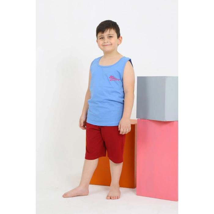 Erkek Çocuk Sıfır Kol Şortlu Mavi Penye Pijama Takımı