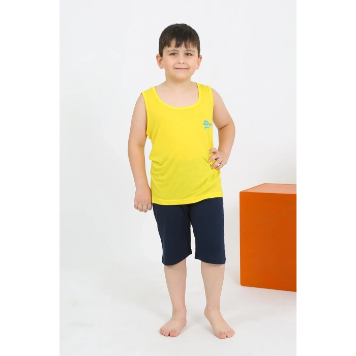 Erkek Çocuk Sıfır Kol Şortlu Sarı Penye Pijama Takımı