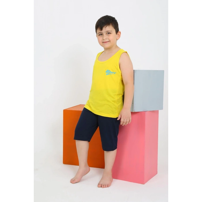 Erkek Çocuk Sıfır Kol Şortlu Sarı Penye Pijama Takımı