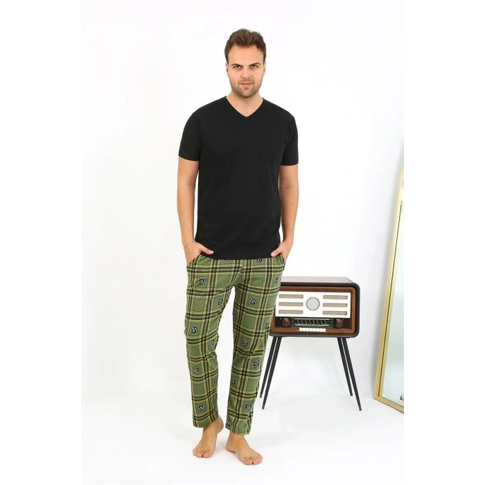Erkek Ekoseli Desen Penye Tek Alt Pijama Haki