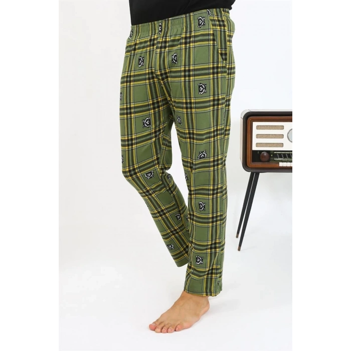 Erkek Ekoseli Desen Penye Tek Alt Pijama Haki