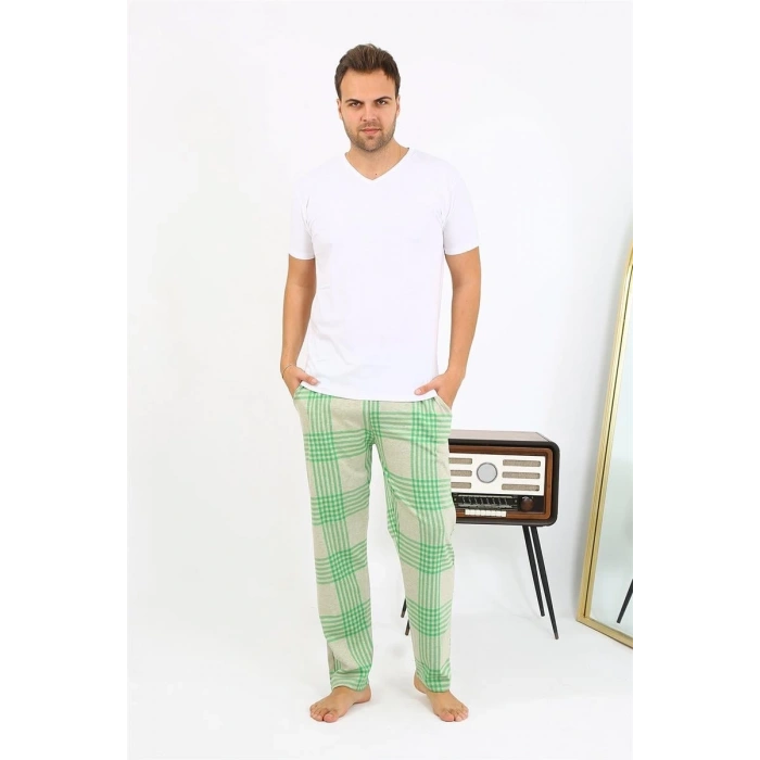 Erkek Ekoseli Desen Penye Tek Alt Pijama Yeşil