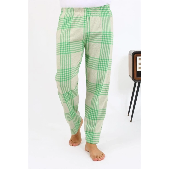 Erkek Ekoseli Desen Penye Tek Alt Pijama Yeşil