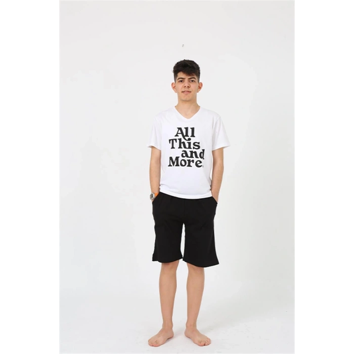 Erkek Genç Garson Boy Kısa Kol Beyaz Penye Şortlu Pijama Takımı