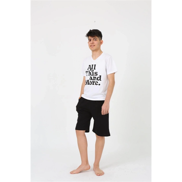 Erkek Genç Garson Boy Kısa Kol Beyaz Penye Şortlu Pijama Takımı