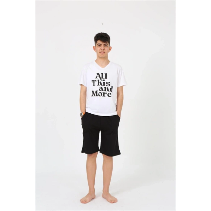 Erkek Genç Garson Boy Kısa Kol Beyaz Penye Şortlu Pijama Takımı