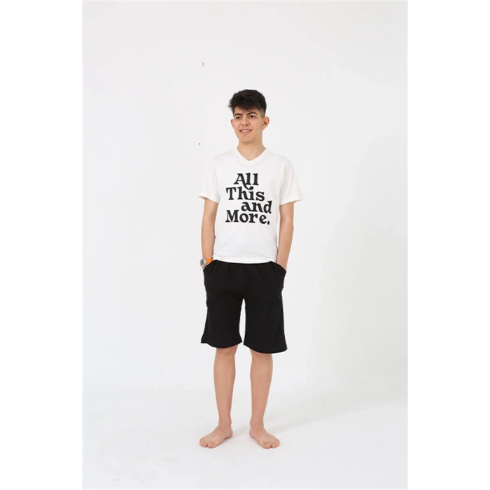 Erkek Genç Garson Boy Kısa Kol Ekru Penye Şortlu Pijama Takımı
