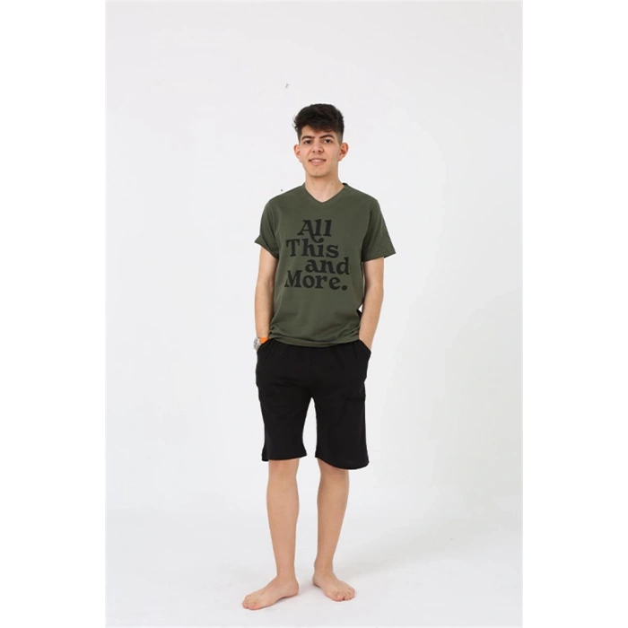 Erkek Genç Garson Boy Kısa Kol Haki Penye Şortlu Pijama Takımı