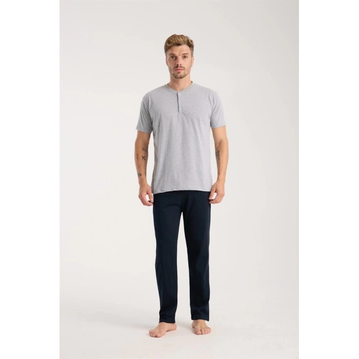 Erkek Gri Düğmeli Yaka Kısa Kol Pijama Takımı