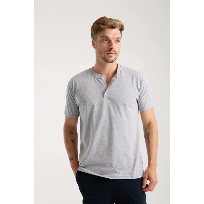 Erkek Gri Düğmeli Yaka Kısa Kol Pijama Takımı