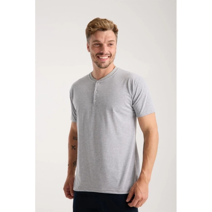 Erkek Gri Düğmeli Yaka Kısa Kol Pijama Takımı
