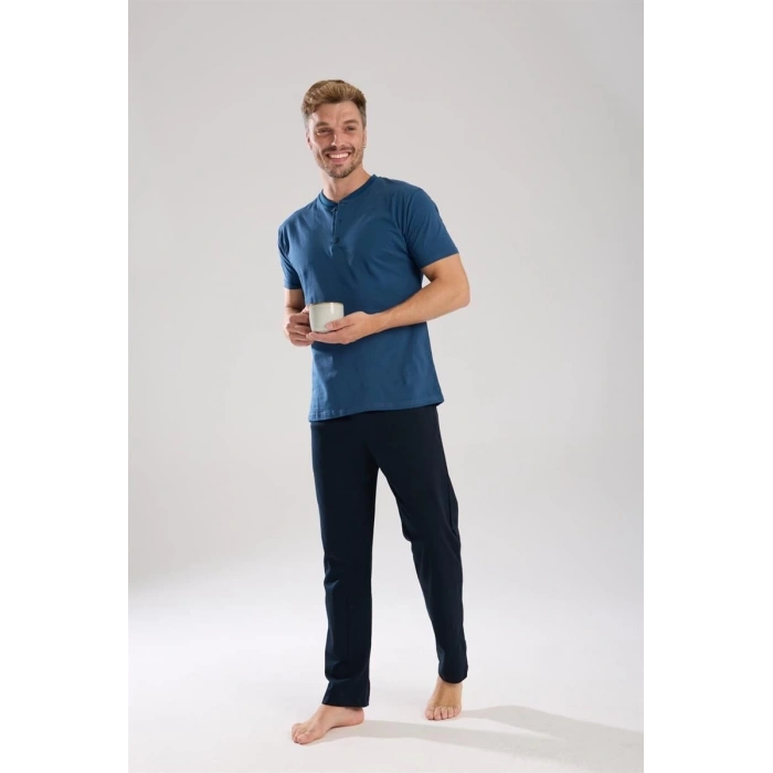 Erkek İndigo Düğmeli Yaka Kısa Kol Pijama Takımı