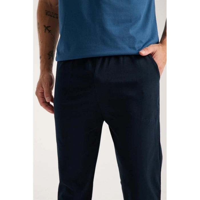 Erkek İndigo Düğmeli Yaka Kısa Kol Pijama Takımı