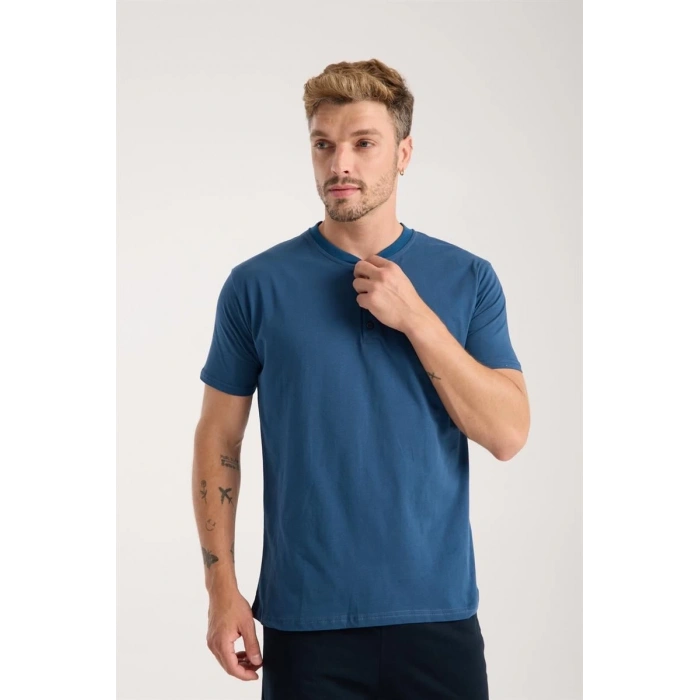 Erkek İndigo Düğmeli Yaka Kısa Kol Pijama Takımı