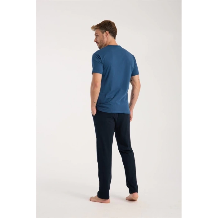 Erkek İndigo Düğmeli Yaka Kısa Kol Pijama Takımı