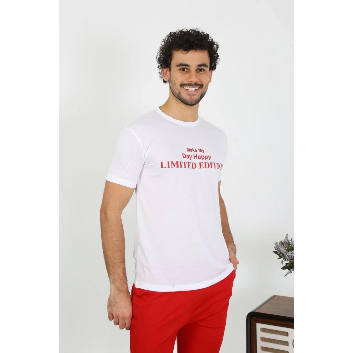Erkek Kısa Kol Penye Beyaz Pijama Takımı