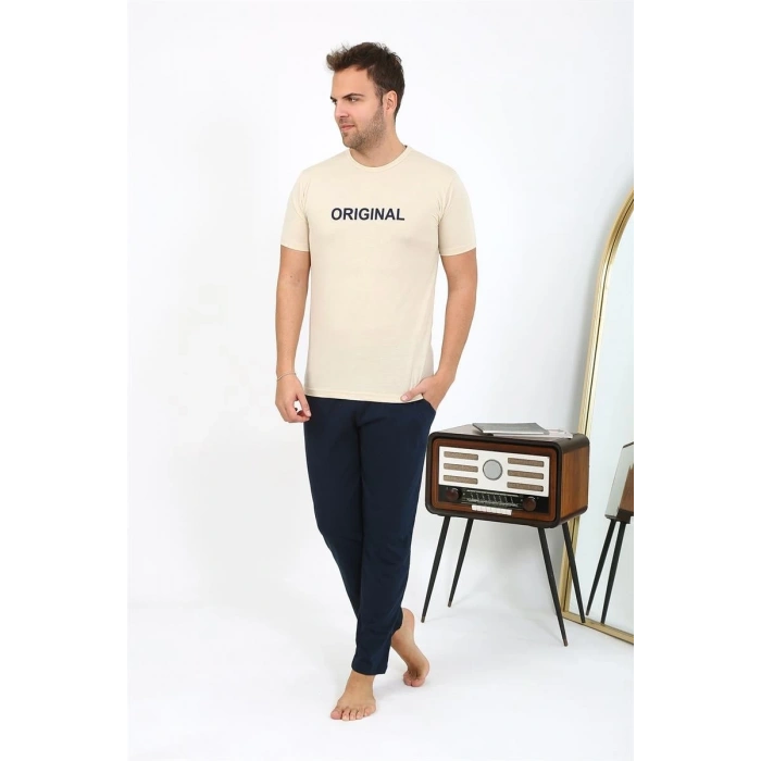 Erkek Kısa Kol Penye Pijama Takımı Krem