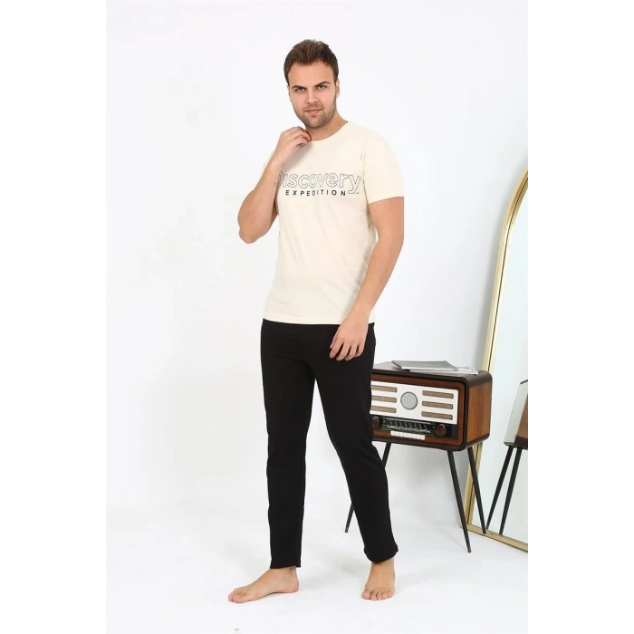 Erkek Kısa Kol Penye Pijama Takımı Krem