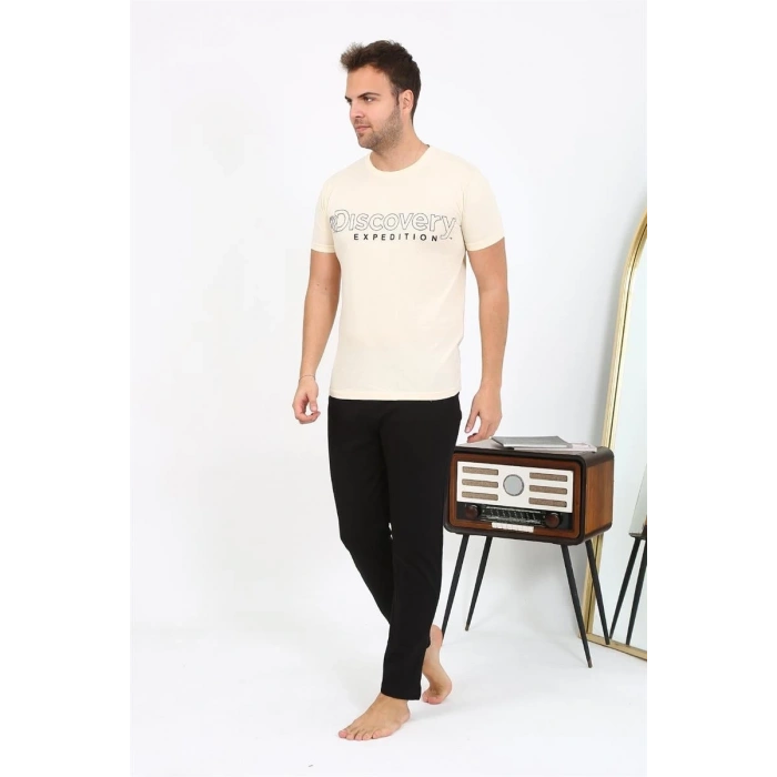 Erkek Kısa Kol Penye Pijama Takımı Krem