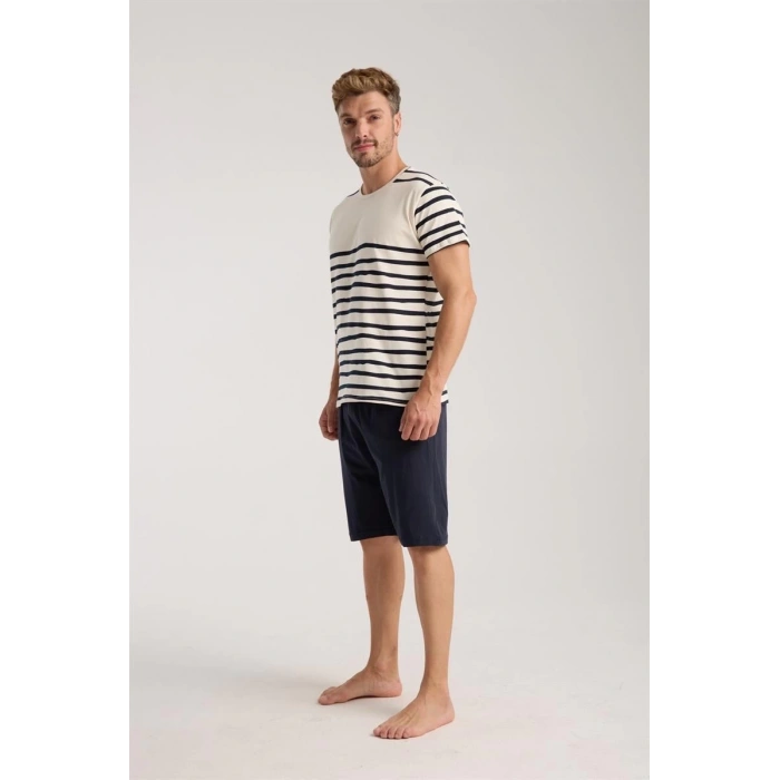 Erkek Krem Sıfır Yaka Kısa Kol Şortlu Pijama Takımı
