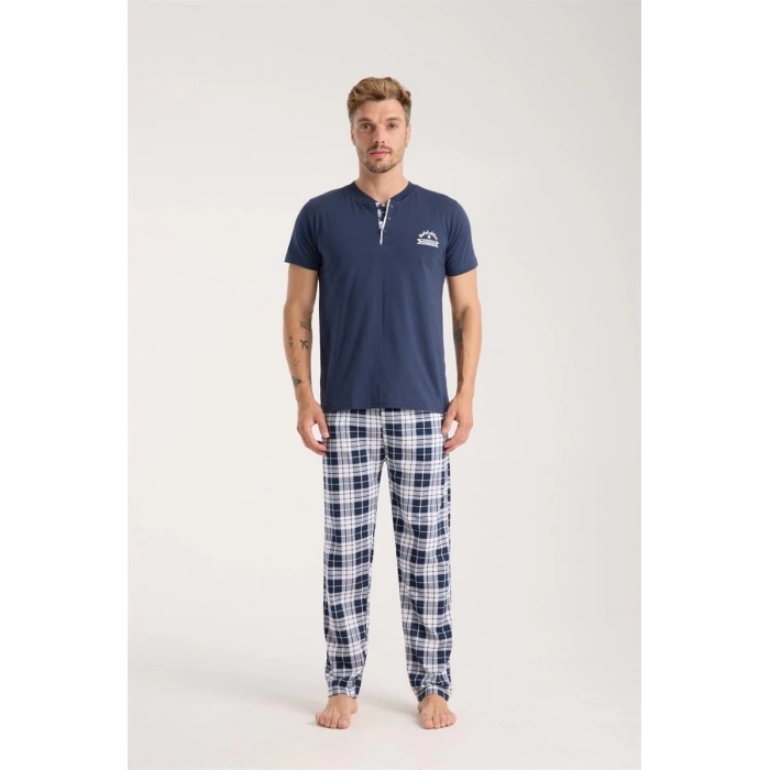 Erkek Lacivert Düğmeli Yaka Kısa Kol Pijama Takımı