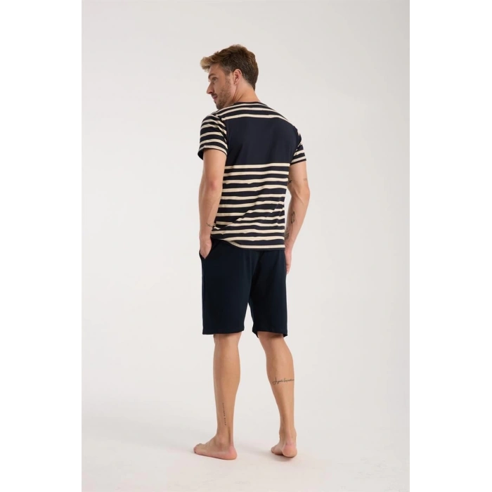 Erkek Lacivert Sıfır Yaka Kısa Kol Şortlu Pijama Takımı