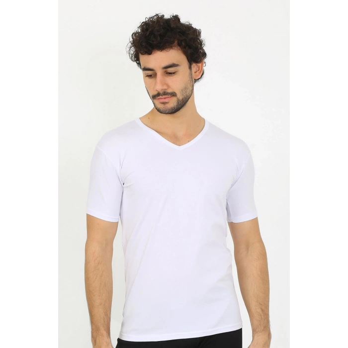 Erkek Likralı V Yaka Beyaz T-Shirt