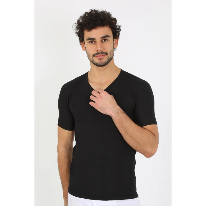 Erkek Likralı V Yaka Siyah T-Shirt