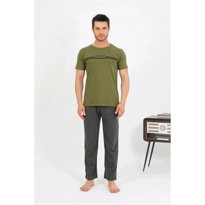 Erkek Pamuk Kısa Kol Pijama Takım Haki