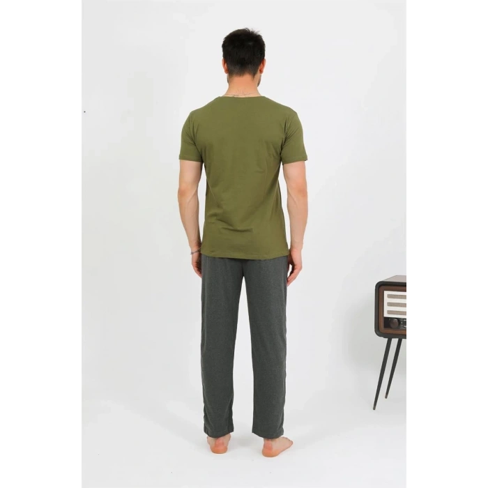 Erkek Pamuk Kısa Kol Pijama Takım Haki