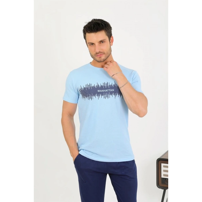 Erkek Pamuk Kısa Kol Pijama Takım Mavi