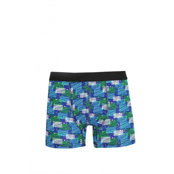 Erkek Penye Likralı Desenli Boxer Mavi