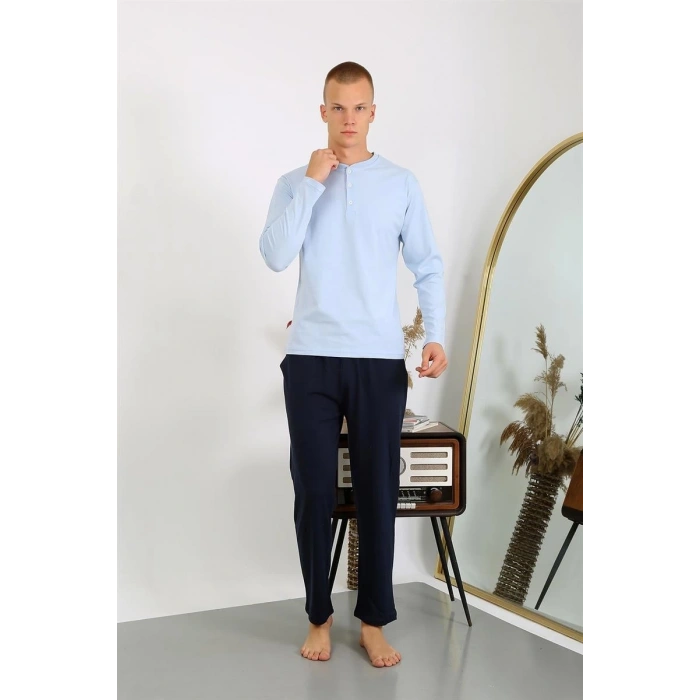 Erkek Penye Uzun Kol Pijama Takımı Buz Mavisi