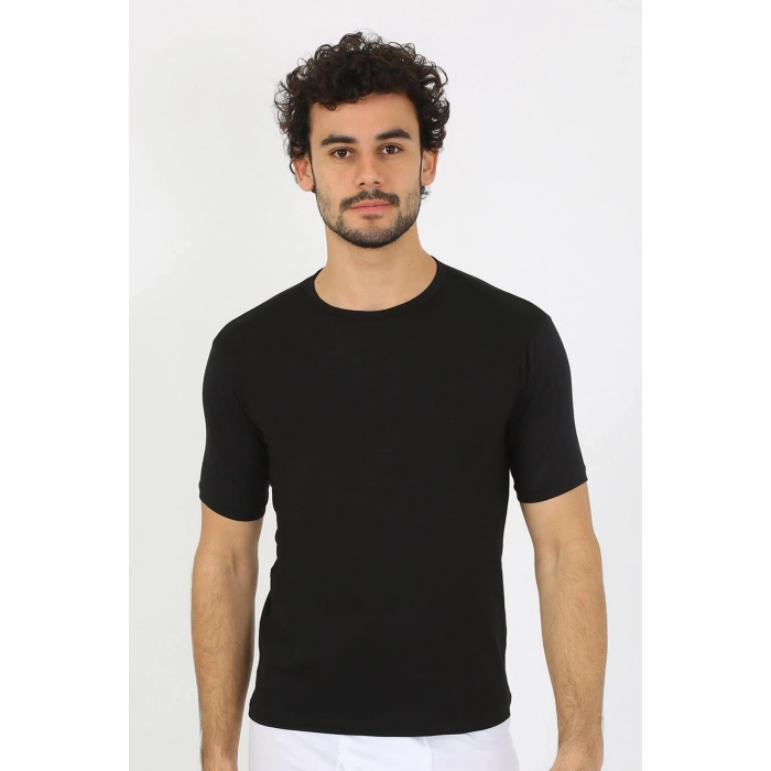 Erkek Sıfır Yaka Likralı Siyah T-Shirt