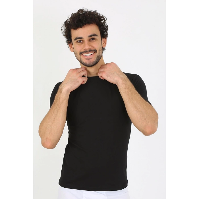 Erkek Sıfır Yaka Likralı Siyah T-Shirt