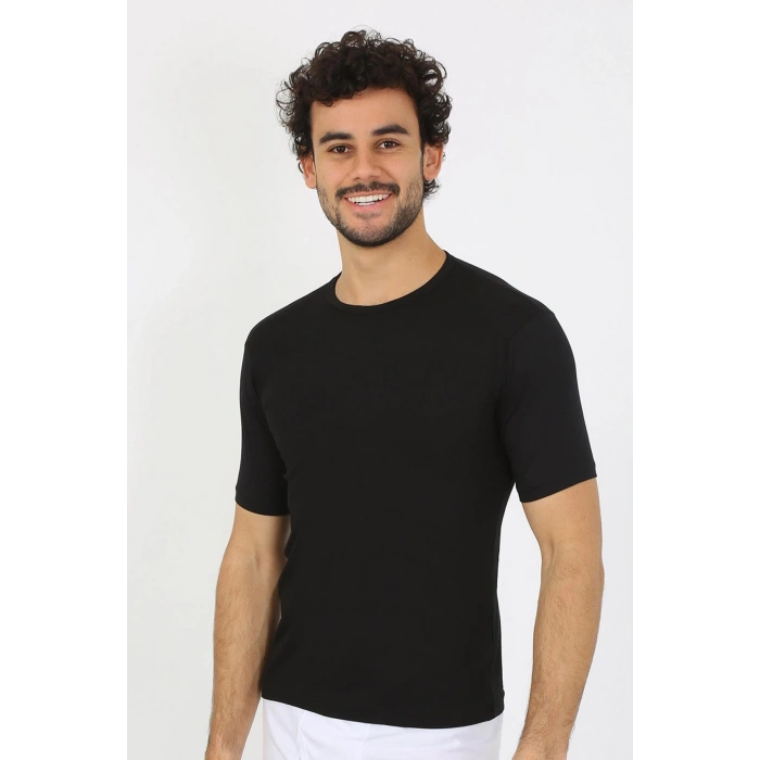 Erkek Sıfır Yaka Likralı Siyah T-Shirt