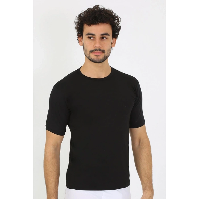Erkek Sıfır Yaka Likralı Siyah T-Shirt