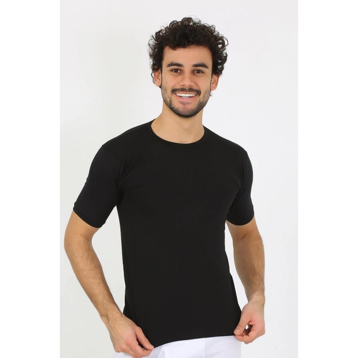 Erkek Sıfır Yaka Likralı Siyah T-Shirt