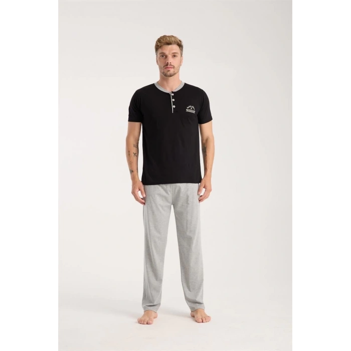 Erkek Siyah Düğmeli Yaka Kısa Kol Pijama Takımı