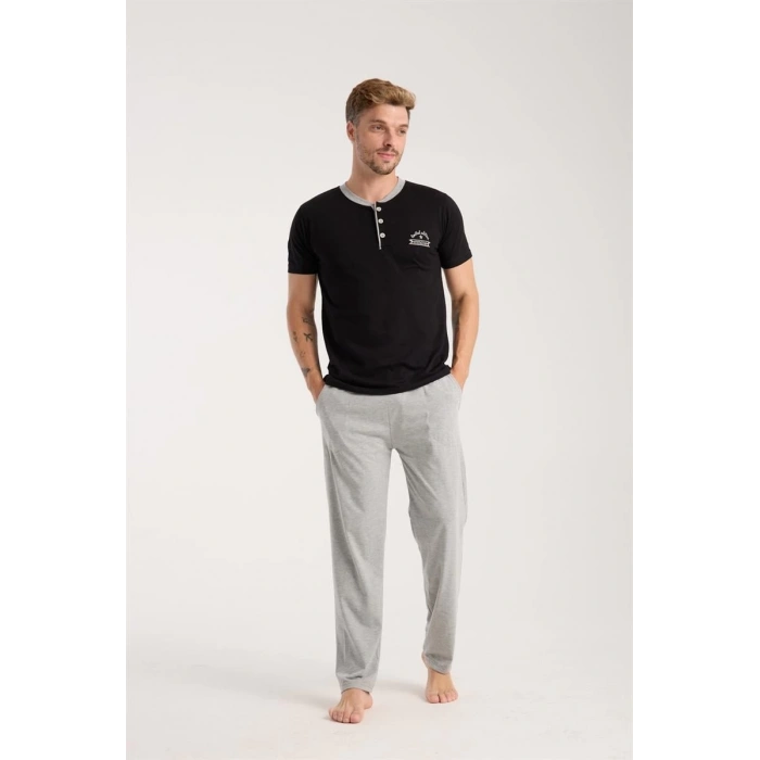 Erkek Siyah Düğmeli Yaka Kısa Kol Pijama Takımı
