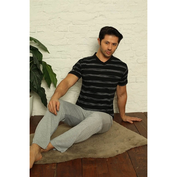 Erkek Siyah V Yaka 3lü Pijama Takım