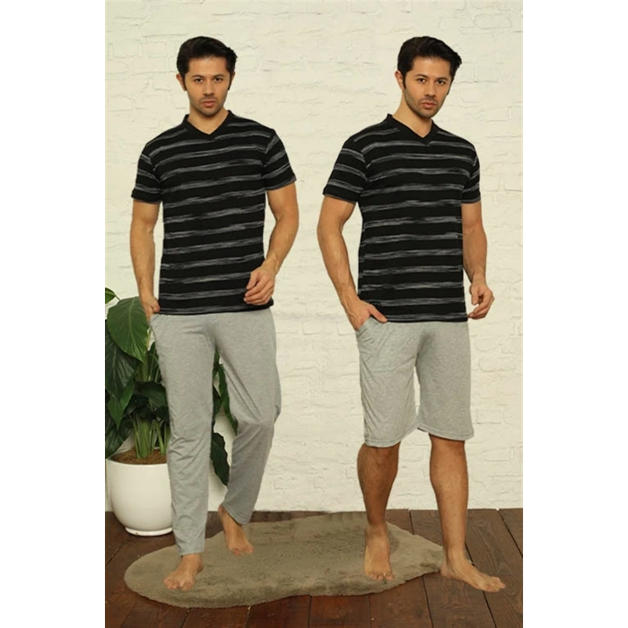 Erkek Siyah V Yaka 3lü Pijama Takım