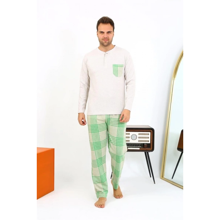 Erkek Uzun Kol Penye Krem Pijama Takımı
