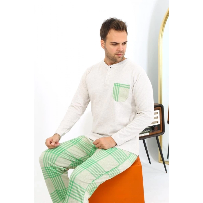 Erkek Uzun Kol Penye Krem Pijama Takımı